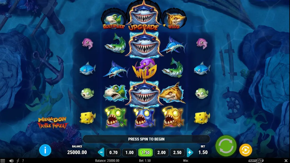 Tampilan visual slot Megadon Triple Threat dengan tema hiu di kedalaman laut