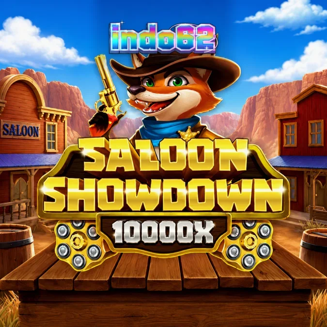 Tampilan visual slot Saloon Showdown 10,000x dengan tema saloon koboi.