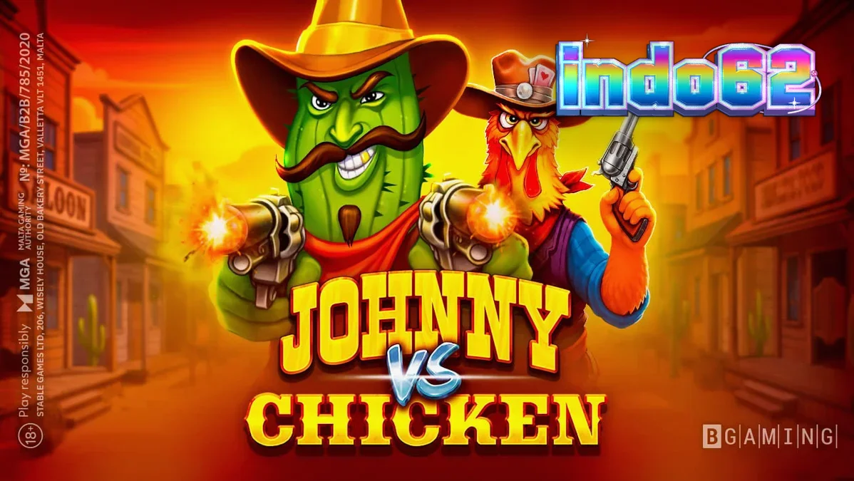 Tampilan visual slot Johnny vs Chicken dengan latar belakang Wild West dan karakter utama.